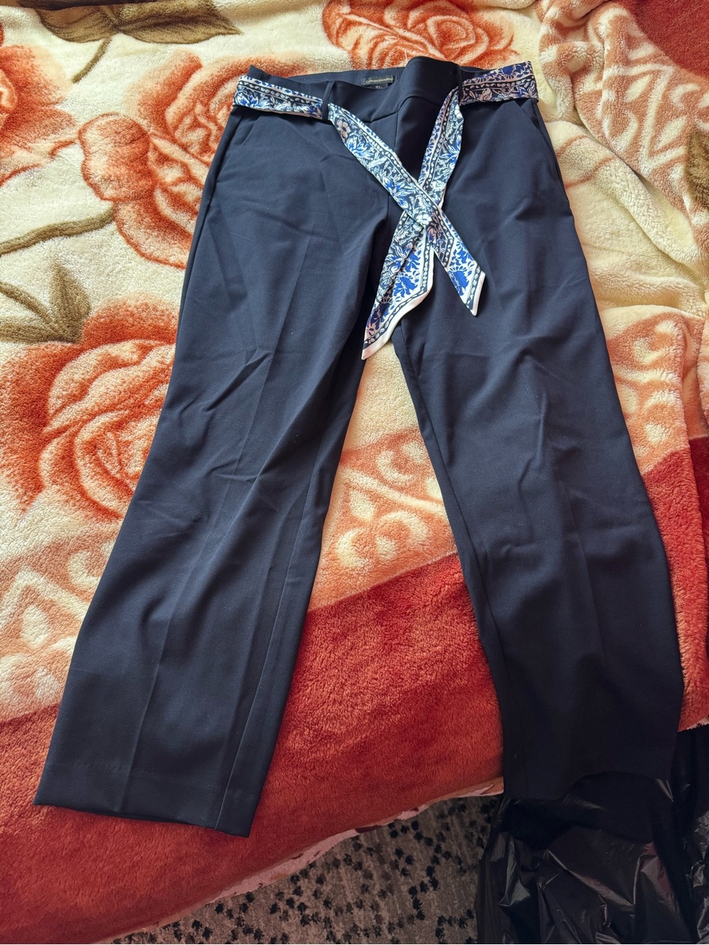 Catherine Malandrino Navy Dress Pants with Blue Patterned Waist Scarf